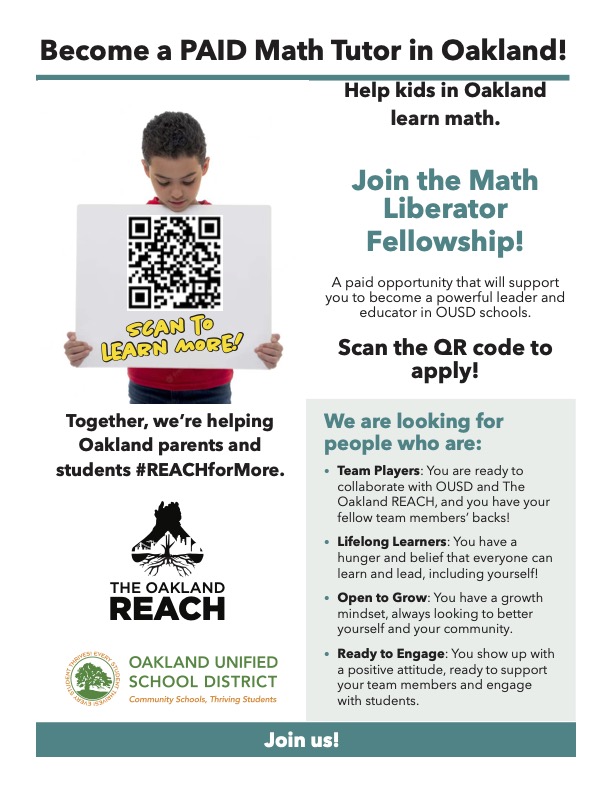 Get PAID as a math tutor in Oakland with REACH Math Liberator Fellowship